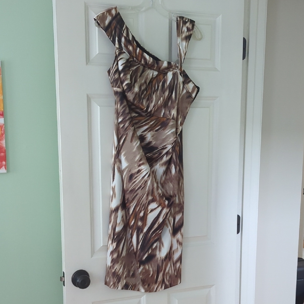 Maggy London Brown and White Asymmetrical Ruched Dress